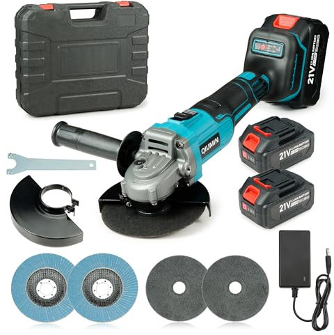 QIUMIN 125 mm Smerigliatrice angolare a batteria, 10.000 giri/min, motore brushless, 2 x 4,0Ah, per metallo, pietra, legno