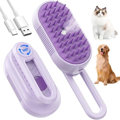 Cepillo Vapor para Gatos perro, 5-In-1 Multifuncional Cepillo a Vapor para Mascotas con Tanque de Agua y Recargable para Desenredar Nudos y Pelos Sueltos en Animales, Morado