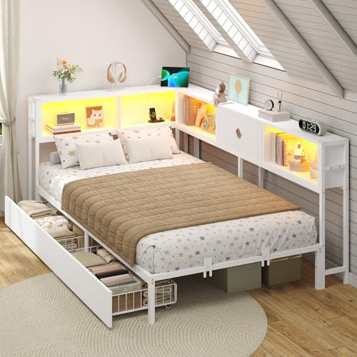 DICTAC Tagesbett 90x200 cm mit LED, Stauraum & Ladestation | Jugendbett 90x200 mit stauraum-5 Staufächern und 2 Schubladen, Einzelbett 90x200 mit Lattenrost aus Metall, weiß LED Daybed