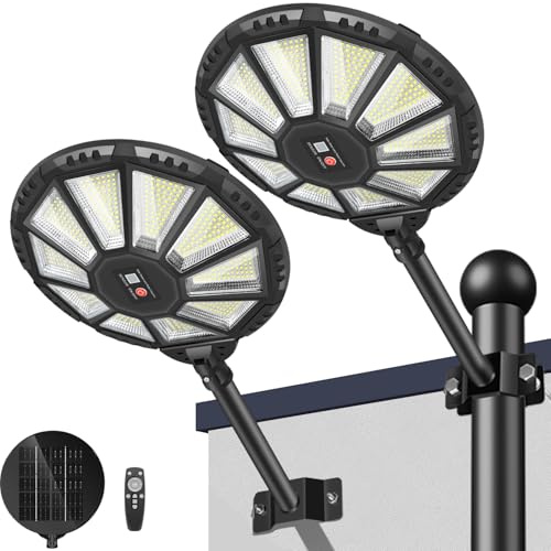 BlueYu Lampadaire Solaire Exterieur, 590 LED Lampe Solaire avec Détecteur de Mouvement et Télécommande, 6500k Spot Solaires Puissant Projecteur Solaires Eclairage Exterieur (2 Pièces)