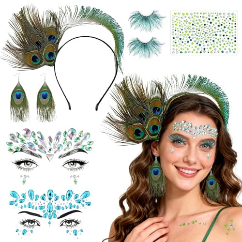 Pfau Kostüm Damen, 6 Stück Pfau Accessoires - Kopfschmuck + Glitzersteine Gesicht + Wimpern Federn + Ohrringe + Aufkleber Gesicht Karneval, Pfauen Kostüm Damen für Karneval Cosplay Halloween