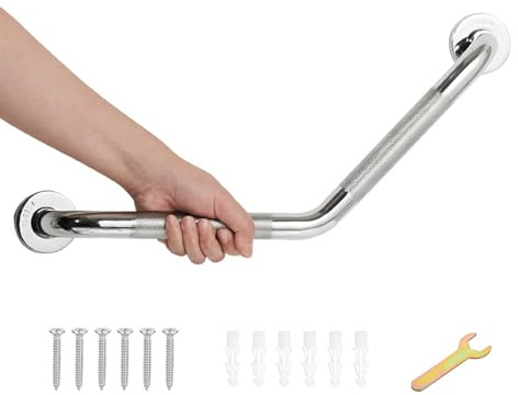 Bmoytu Barre d'appui de salle de bain de 50,8 cm, barre d'appui coudée chromée avec poignée moletée antidérapante, barre d'équilibre de bain en acier inoxydable, tube de 2,5 cm, poignée de bain d'aide