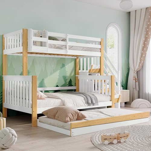 YCYDHDM Litera infantil de 90 x 200 y 120 x 200 cm con cama nido y somier, cama alta con escalera y espacio de almacenamiento, estructura de madera de pino, diseño de valla de seguridad, color blanco