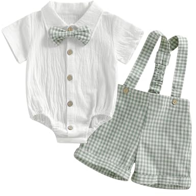 UUAISSO Vestiti da Uomo Neonati Top a Quadri Papillon Pantaloncini con Bretelle set di Vestiti Estivi per Neonati Verde 0-3 mesi