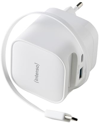 Intenso W65ACIC 65W USB-C GaN Ladegerät - Netzteil mit Kabel | Schnellladegerät mit ausziehbarem 70 cm Kabel, USB-C & USB-A Port, PD 3.0 & PPS für Smartphone und Laptop