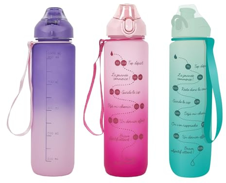 Deconation Lot De 3 Gourdes 1l Motivation Etanches Et Graduées Avec Sangle - Rose Bleu Violet