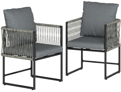 Outsunny Gartenstuhl 2er Set, Wetterfest Bis 120 kg Belastbar Dunkelgrau | Gartenstühle Aus Stahl PE-Rattan, Terrassenstuhl Mit Kissen, Armlehne Rückenlehne, Gartenmöbel Für Hinterhof Garten Balkon