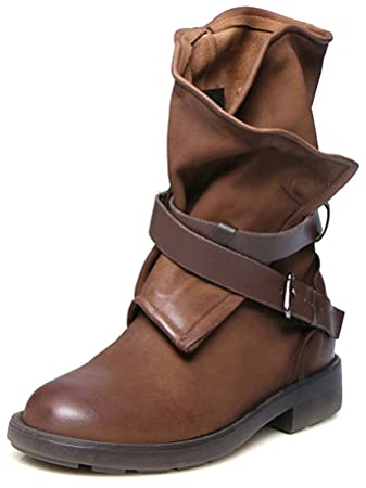 Minetom Stivali Donna Scarpe Autunno Inverno retrò Pelle Casual Ankle Boots Stivaletti Tacchi Bassi Stivali da Moda Marrone 43 EU
