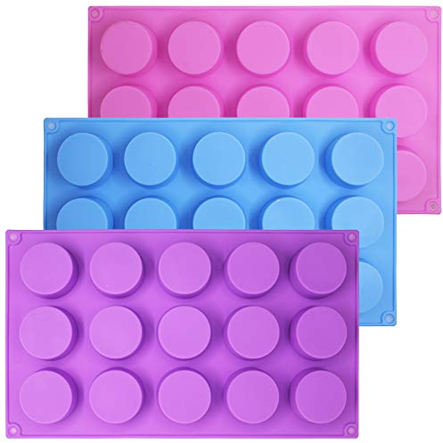 Senhai Silikonformen mit 15 Formen, zylindrisch, für Schokolade, Süßigkeiten, Seife, Muffins, Cupcakes, Brownies, Kuchen, Pudding, Kekse – Lila, Blau, Rosa, 3 Stück