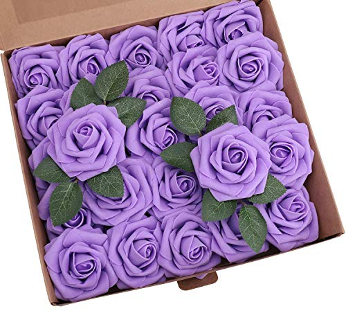 Ruiuzioong Künstliche 25 Stück Rosen Blumen Schaumrosen Foamrosen Kunstblumen Rosenköpfe Gefälschte Kunstrose Rose für Hochzeit Blumensträuße Braut Zuhause Dekoration (Lila, 25 Stück)