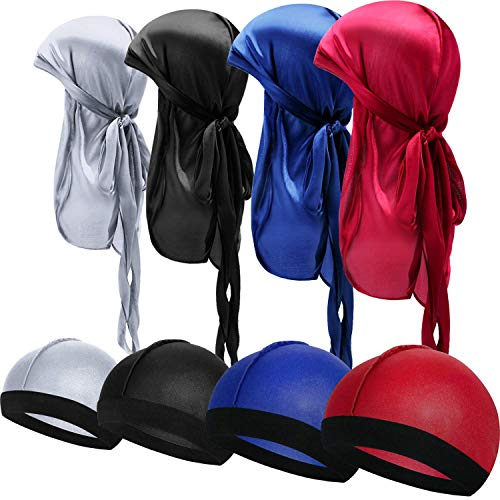 SATINIOR 8 Stücke Seidige Durag Kappen Elastische Wellenkappe Langen Schwanz Headwraps Breite Trägerwellen (Rot, Grau, Schwarz, Königsblau)