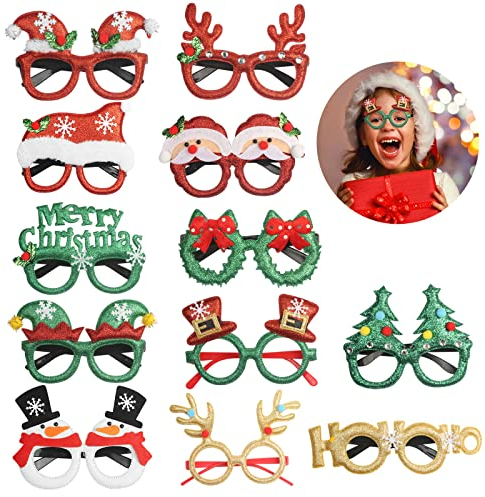 TAZEMAT 12 Stück Weihnachtsbrille Lustige Brille Glitzernde Party Gläser Rahmen Weihnachten Foto Requisiten Kreative Weihnachtsgläser Nette Partybrille für Weihnachtenskostüm deko Partydekoration