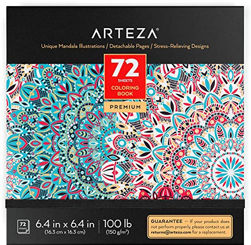 Arteza Mandala Malbuch für Erwachsene, Ausmalbuch mit 72 Mandalas für Erwachsene, 150 g/m², 16.25 x 16.25 cm, Anti Stress und Entspannung, abnehmbare Seiten