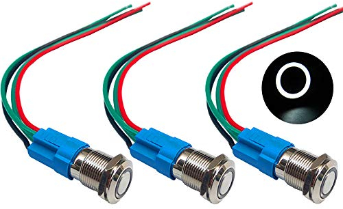 QitinDasen 3Pcs Premium 12V / 24V 3A Interruptor de Botón Momentáneo, 12mm Interruptor de Botón Metálico, LED Blanco Interruptor Pulsador Impermeable IP66 con Enchufe de Cable