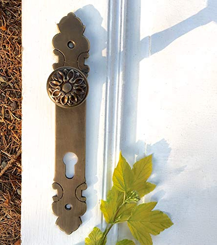 Antikas - Schmaler Türknauf mit Langschild Messing-antik, Halbgarnitur für Haustür PZ 92