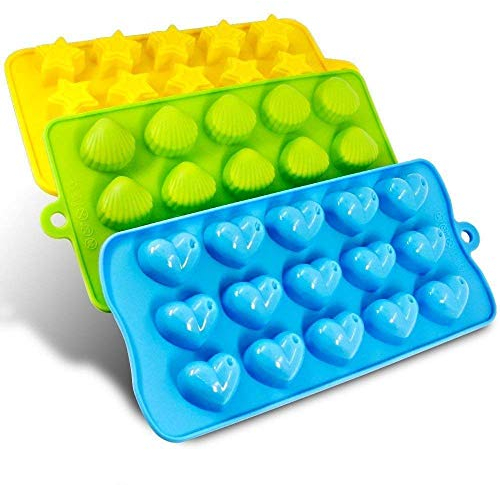 Voarge Juego de 3 moldes de silicona para cubitos de hielo, corazones, estrellas y conchas, molde de silicona para chocolate, divertido juego de juguetes para niños, para cubitos de hielo, chocolate,