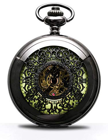 BOSHIYA Handaufziehbare mechanische Taschenuhr mit Ketten, Steampunk-Vintage-Stil, schwarzes Skelett-Zifferblatt, römische Ziffern, Schwarz geschnitzt, Mechanisch