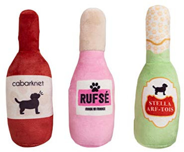 Pearhead Pet Plush Beer, Wine & Rose Dog Squeaker Toys, Novelty Dog Toy, Gift For Pet Parents, Set of 3