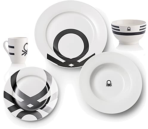 UNITED COLORS OF BENETTON PK2227 Set 26 Logo en Negro, en Loza: vajilla 18 Piezas (6 Servicios Llano, Hondo y Plato de Postre), 4 Boles de Desayuno, y 4 Tazas Mugs