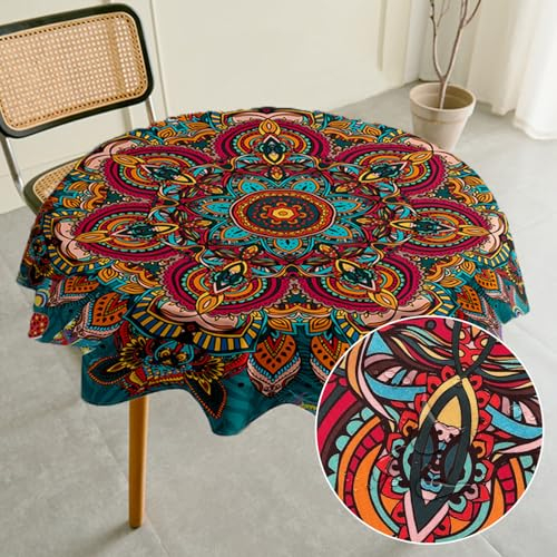 Highdi Tischdecke Abwaschbar Rund 160cm, Outdoor Tischdecken Wasserabweisend Lotuseffekt Mandala Table Cloth Modern tischdecke für Garten Restaurant, Ideal für 100cm-120cm