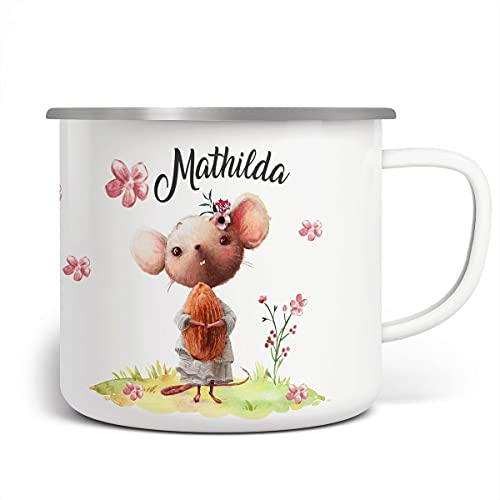 miKalino Emaille Tasse Mädchen - Trinkbecher Kinder personalisiert - Emaille Becher mit Maus-Motiv - Kindertasse mit Namen - Kindertasse bedruckt - Emaille Becher Weiß