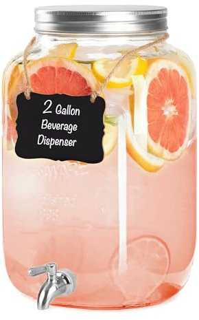 Ilyapa Outdoor Glass Beverage Dispenser with Stainless Steel Spigot - 2 Gallon Drink Dispenser for Lemonade, Tea, Cold Water & More