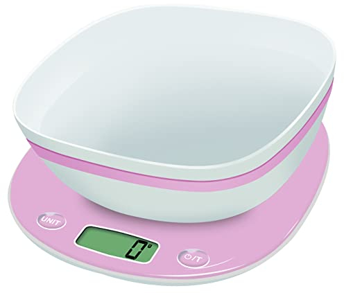 TERRAILLON Báscula de cocina Macaron Rose-Bol – Botón ON/OFF – Tare & UNIT – Pantalla LCD – Capacidad de 1 – 5 l, alcance 5 kg, color rosa