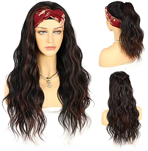 Sapphirewigs Stirnband Perücke Highlights Wellige Synthetische Perücken für Frauen Schwarz Burgunder Klebelose Täglich tragen Cosplay Stirnband Haare 150% Dichte 26 inch
