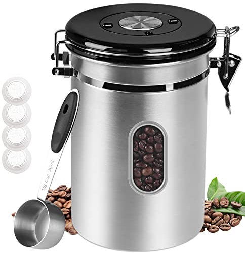 1KG Airtight Canister with Date Tracker & Transparent Window, 2.8L Stainless Steel Coffee Storage Canister, 35OZ Food Storage Container, Tea&Coffe Storage Jar with 30ML Measure Spoon and 4CO2 Valve