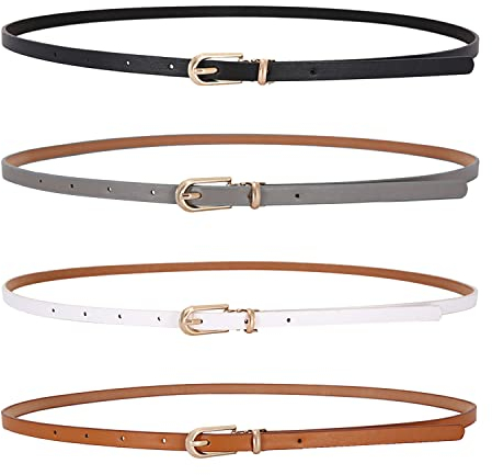 LECTNORE 4Pcs Damen Skinny Ledergürtel für Kleider Dünner Taillengürtel mit Metallschnalle für Jeanshosen (schwarz/weiß/grau/camel)