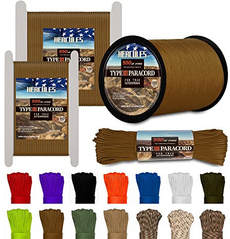 HERCULES Typ III Paracord 550 Paracord Seil Fallschirmschnur, 50' Coyote Brown für Campingseil, Überlebensseil