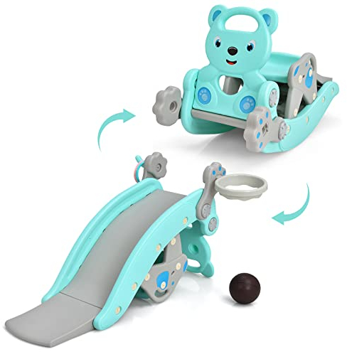 RELAX4LIFE 4 in 1 Set Cavallo a Dondolo con Scivolo e Canestro da Basket e Palla e Lancia di Anelli, Struttura Stabile con carico di 60 kg, 105 x 72 x 57 cm (Modello 2 Blu)