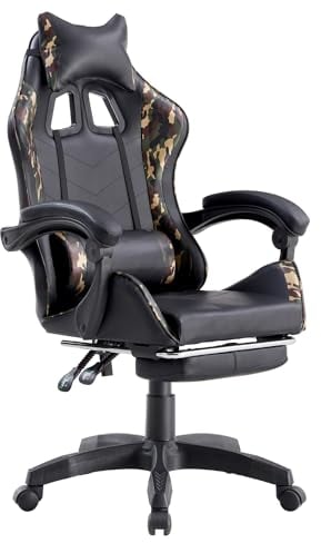 WeHome - Sedia da Gaming Racing Ergonomica Reclinabile con Braccioli, Poltrona Ufficio Girevole con Rotelle, Poggiapiedi, Poggiatesta e Cuscino Lombare in Similpelle, Portata: 125kg (Camouflage)