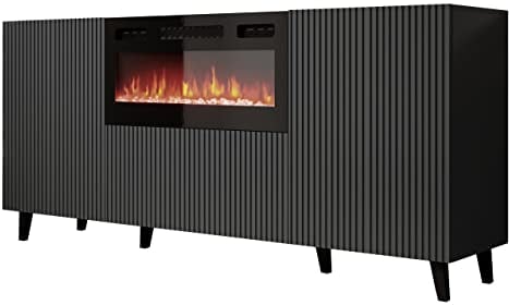 Mirjan24 Kommode Vailbo Grey 180 mit Elektrischem Kamin, Mehrzweckschrank mit 3 Türen, Realistische LED-Flamme, Anrichte, Highboard, Sideboard, Mit Deko-Kristallen, Esszimmer (Anthrazit)