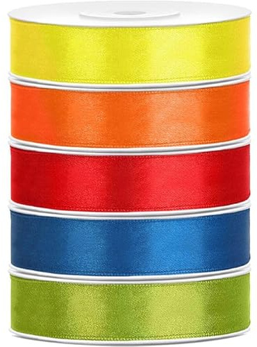 Satin Geschenkband 12mm 5 Farben je 25m lang bunt gelb orange rot blau grün Schleifenband Geschenkverpackung Geburtstag Hochzeit Weihnachten 5er Set