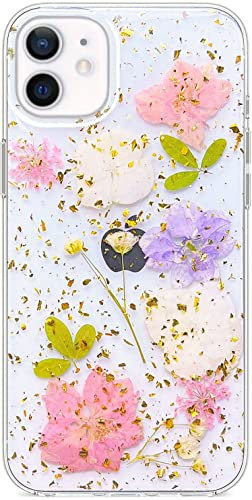 Efitoo Designed for iPhone 11 Pressed Flower Case, Cute Bling Glitter Sparkle Clear with Design Soft Silicone TPU Rubber Dried Real Floral Aesthetic Case for Women Girls (Sparkle Pink Flower)