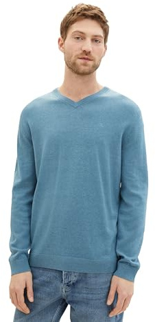 TOM TAILOR Herren Basic Pullover mit V-Ausschnitt aus Baumwolle,34138 - Blue Water Melange, XXL