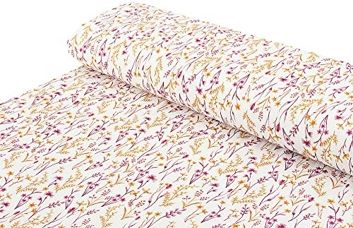 Baumwoll - Musselin Stoff Blumen Gräser creme pink - Meterware ab 25 cm x 138 cm - Stoff zum Nähen