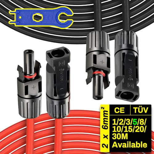 Prolunga Cavo Solare 2 x 5M 6mm² (10AWG) 1500V Cavo Fotovoltaico Pannello Con connettore Impermeabile IP68, per impianto solare Pannelli solari fotovoltaico Montaggio