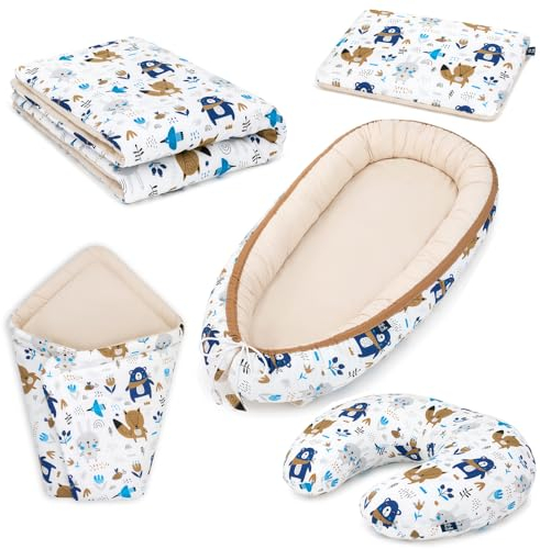 Peti Bebe Baby 5 in 1 Babynest + Bettwäsche + Bettkissen + Puckdecke + Fütterungskissen