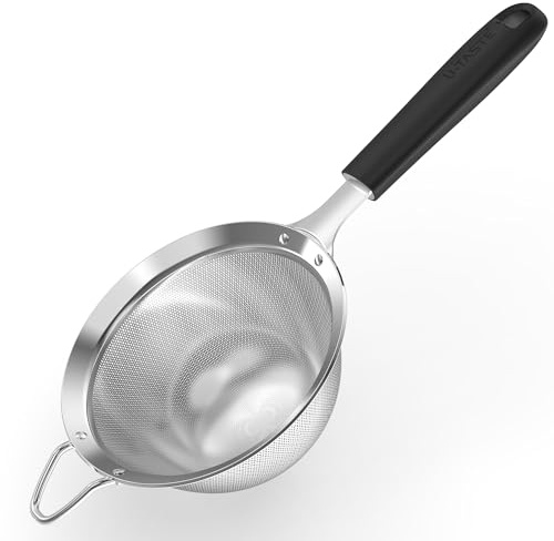 U-Taste Medium Fine Mesh Strainer: 18/8 Stainless Steel 4.73in 30 Mesh Kitchen Food Sieve with Sturdy Riveted Silicone Handle, Heavy Duty Deep Handheld Metal Colander for Rice, Quinoa, Flour (Black)