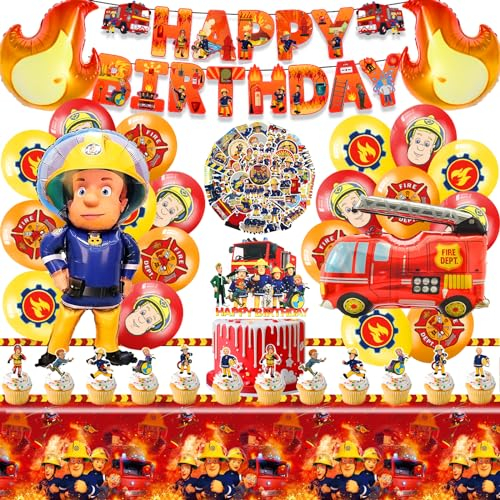 99PCS Feuerwehrmann Geburtstagsdeko, Feuerwehrmann Geburtstag Deko, Feuerwehrmann Luftballon, Feuerwehrmann Tortendeko, Aufkleber, Tischdecke, Feuerwehr Deko Kindergeburtstag