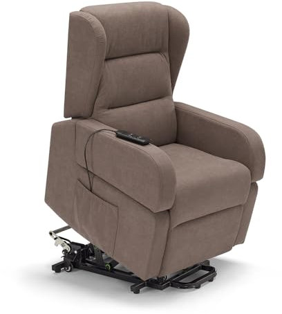 Poltrona relax elettrica Bilbao per anziani, 2 motori, 2 o 4 ruote , reclinazione e alzapersona, kit optional batteria, braccioli estrabili e tavolino opzionale (4 Ruote + Tavolino + Batteria, Fango)