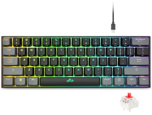 Rii Gaming-Tastatur, 60 % mechanische Gaming-Tastatur, wiederaufladbare RGB-Tastatur mit Bluetooth/kabelgebundenem USB-C/2,4 GHz, linearer roter Schalter, PBT-Tastenkappen, QMK/VIA für