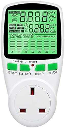 Power Meter With Overload Protection, Energy Cost Meter With Backlit LCD Display, Maximum 3680W,EU,Eu