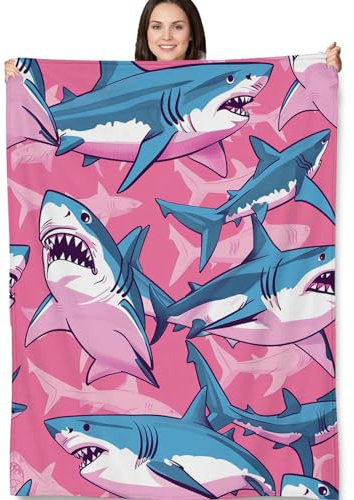 Turamurra Couverture en polaire confortable, douce et légère pour les amoureux de l'océan et des animaux, idéale pour chambre à coucher et salon, 127 x 152,4 cm, motif requin rose, décoration