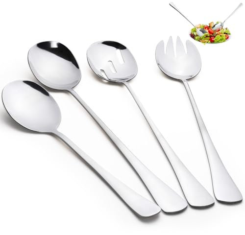 Mispudin Juego de Cubiertos para Ensalada de Acero Inoxidable - Cuchara y Tenedor Grandes para Cocina, Restaurante, Fiesta, Buffet (4 Uds Plata)