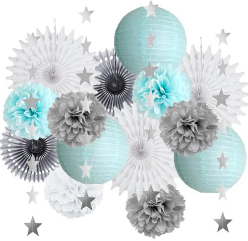 Winter Wonderland Party Deko Blau Weiß Grau Pompons Papierlaternen für Babyparty Geburtstag Hochzeit - Wunderland Dekoration Hellblau
