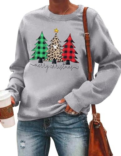 hohololo Weihnachts Sweatshirt Damen Weihnachtspullover Merry Christmas Pullover (Grau3,S)