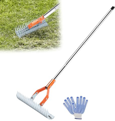 BlumWay Rasenrechen, 15 Zoll Rasenrechen, Hochleistungs-Vertikutierrechen mit Handschuhen, 64 Zoll vielseitiger Grasrechen für verdorrtes Gras Reinigung Hof Garten Bodenrechen